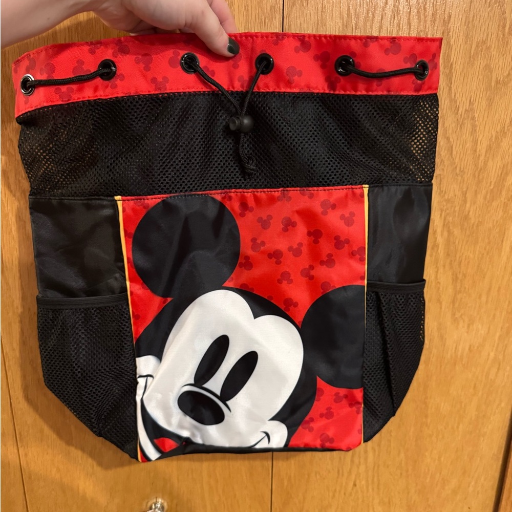 Mickey Mouse Swim Bag Red and Black Drawstring Backpack NWT
